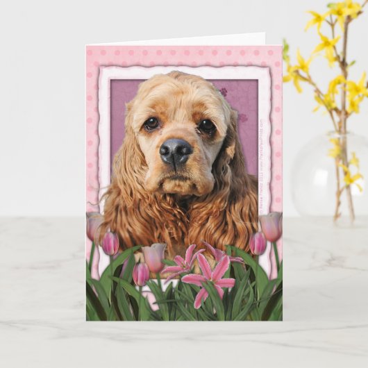 Moederdag - Roze Tulpen - Cocker-spaniël Kaart (Gele Bloem)