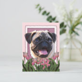Moederdag - Roze Tulpen - Pug Briefkaart (Staand voorkant)