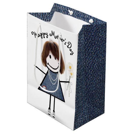 Moederdag Stick Girl met Daisies Medium Cadeauzakje (Voorkant Gekanteld)