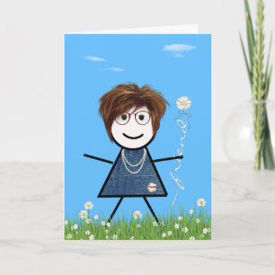 Moederdag stokpoppetje met madeliefjesvriend kaart