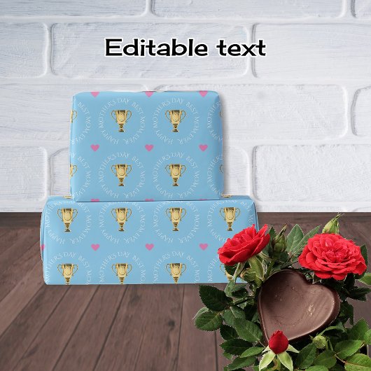 Moederdag trofee aangepaste tekst blauw cadeaupapier