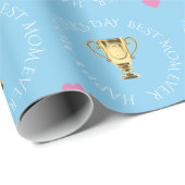 Moederdag trofee aangepaste tekst blauw cadeaupapier (Rol Hoek)