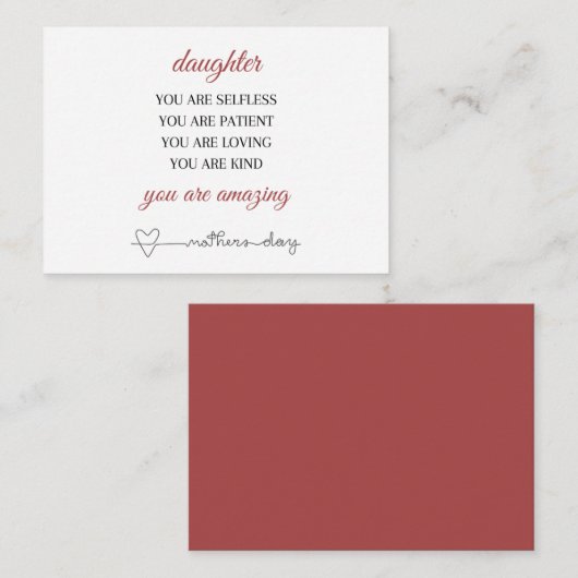 Moederdag van dochter, Moederdagkaart met gedicht Notitiekaartje (Voorkant / Achterkant)