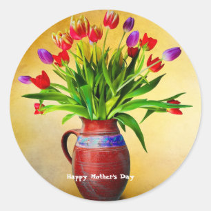 Moederdag Vase en Bloemen Ronde Sticker