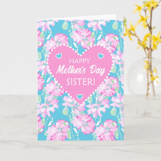 Moederdag voor zuster roze rozen op blauw kaart (Gele Bloem)