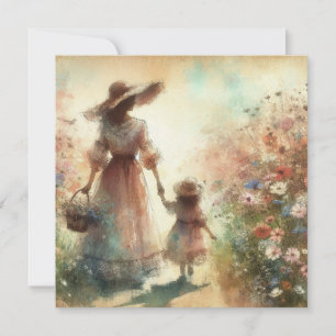 Moederdag Vrouw en Kind in Veld met Bloemen Kaart