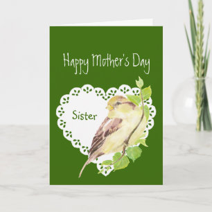 Moederdag zuster Cute Waterverf Sparrow Kaart
