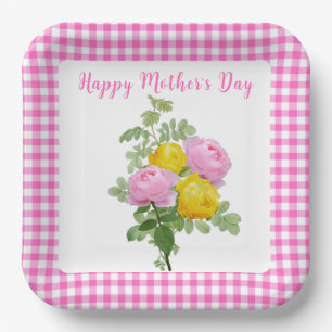 Moederdagrozen met roze Gingham Papieren Bordje