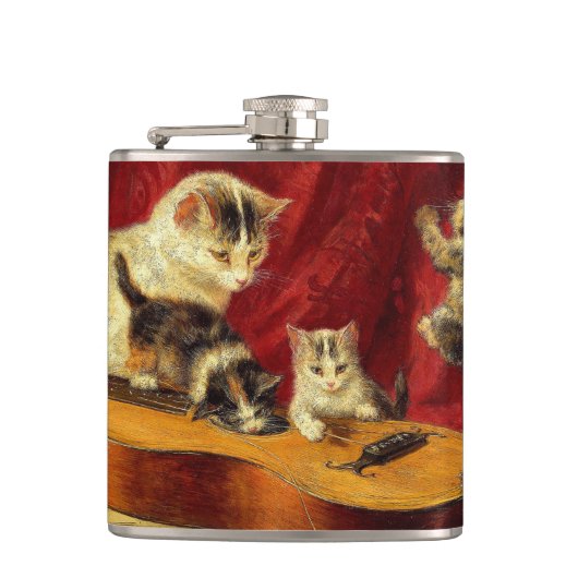 Moederkat en Kittens spelen met gitaar Heupfles (Voorkant)