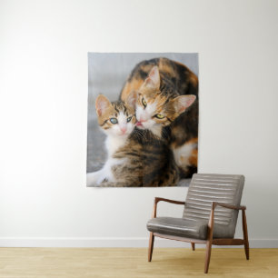 Moederkat houdt van Cute Baby Kitten Animal Pet Fo Wandkleed