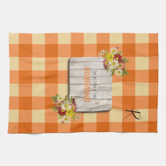 Moedernaam van het plattelands-monogram oranje gin theedoek (Horizontaal)