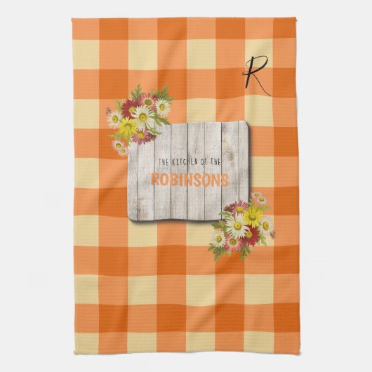 Moedernaam van het plattelands-monogram oranje gin theedoek (Verticaal)