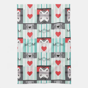 Moedige Pop Art Moeder met Retro Harten & Strepen Theedoek