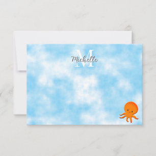 Moeie Baby Octopus Blauw Aquarel Aangepast Monogra Notitiekaartje