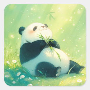 Moeie baby panda die op bamboe knabbelt vierkante sticker