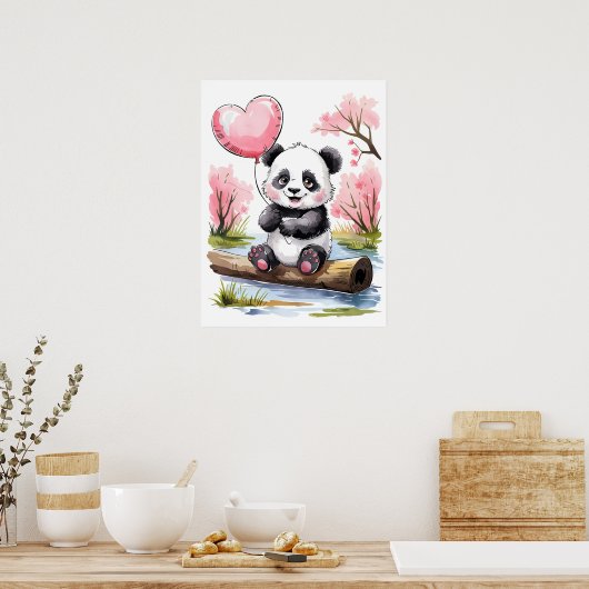 Moeie baby panda met hartballon - Aquarel Poster (Keuken)
