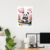 Moeie baby panda met hartballon - Aquarel Poster (Thuiskantoor)