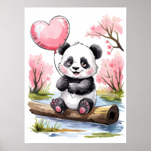 Moeie baby panda met hartballon - Aquarel Poster