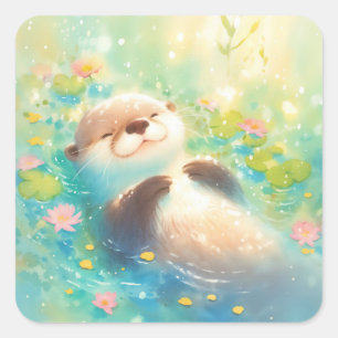 Moeie babyotter drijvend in een zonnige blauwe vij vierkante sticker