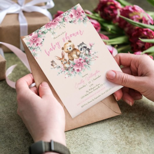 Moeie Dieren Bloemig Roze Roze Meisje Baby Shower Kaart