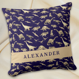 Moeie dinosaurus gepersonaliseerde naam blauw kussen