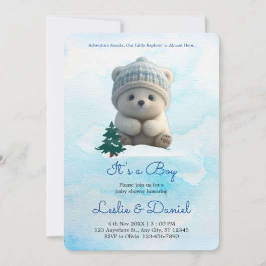 Moeie Ijsbeer Blauwe Baby Shower Het is een Jongen Kaart (Voorkant)