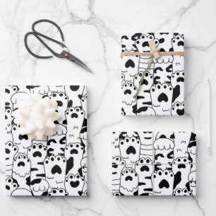 Moeie Kattenpoten Patroon Zwart Wit Inpakpapier Vel