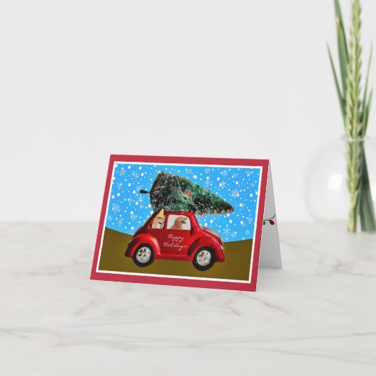 Moeie Kersthonden in Auto met Retro Kerstboom Feestdagen Kaart (Voorkant)