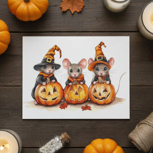 Moeie kleine waterverfmuiden Halloween pompoenen Feestdagenkaart