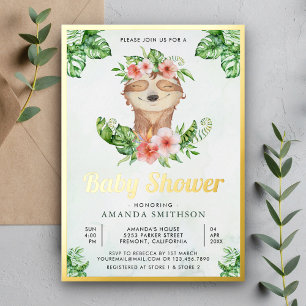 Moeie Lieve Bloemrijke Luiaard Meisje Baby Shower Folie Uitnodiging