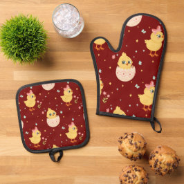 Moeie Paas Kuiken met Roze Strik Naadloos Patroon  Ovenwant & Pannenlap Set
