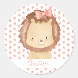 Moeie Persoonlijke Aquarel Baby Leeuw Roze Bloemen Ronde Sticker