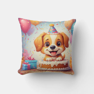Moeie puppy die verjaardagsfeestje viert met cake kussen