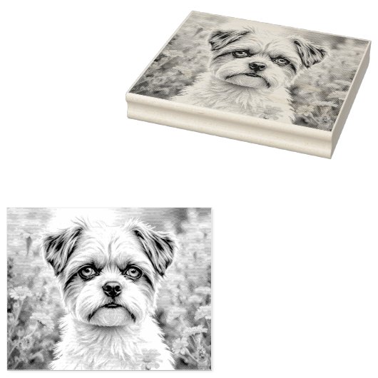 Moeie puppy in de bloemen 	rubberstempel (Gestempeld)