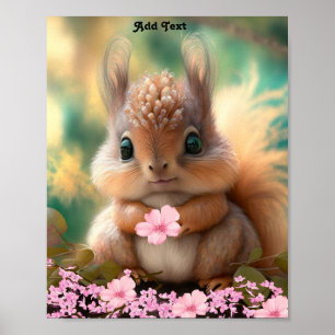 Moeie Speelse Baby Eekhoorn Roze Bloemen Poster