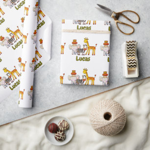 Moeie Tekenfilm Safari Dieren aangepaste naam Cadeaupapier