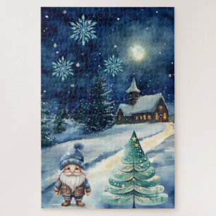 Moeilijke blauwe winter Christmas Village & Gnome Legpuzzel
