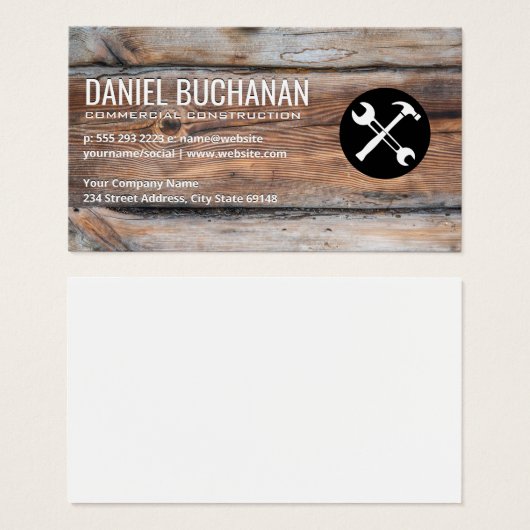 Moersleutel en Hammer | Achtergrond houten paneel Visitekaartje (Voorkant /achterkant)