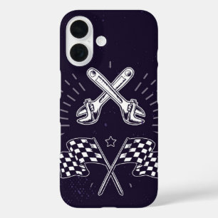 Moersleutel & Geruite Vlag Retro Moto Mechanic iPhone 16 Hoesje
