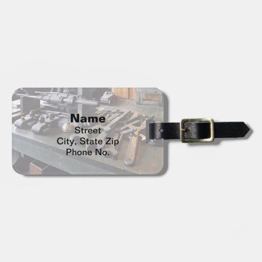 Moersleutels en Olie blikje in Machine Shop Bagagelabel (Voorkant horizontaal)