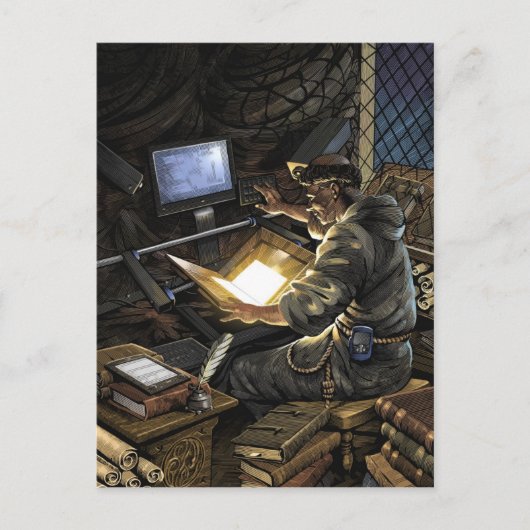 Moine avec carte postale scanner livre (Devant)