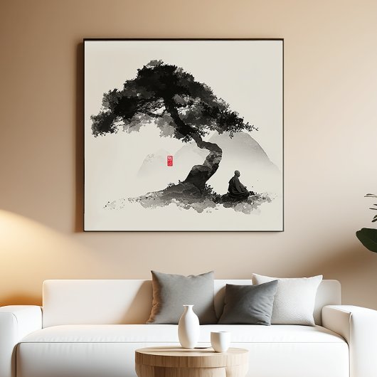 Moine & Pin - Art mural à l'encre zen - Décor mini