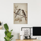 Moineaux sur impression d'arbre, Moineau Rustique (Bureau à domicile)