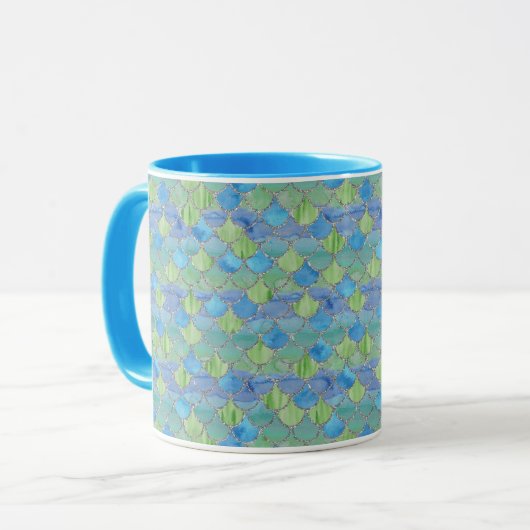 Mok blauwe, groene en zilverzeemeermin (Voorkant links)