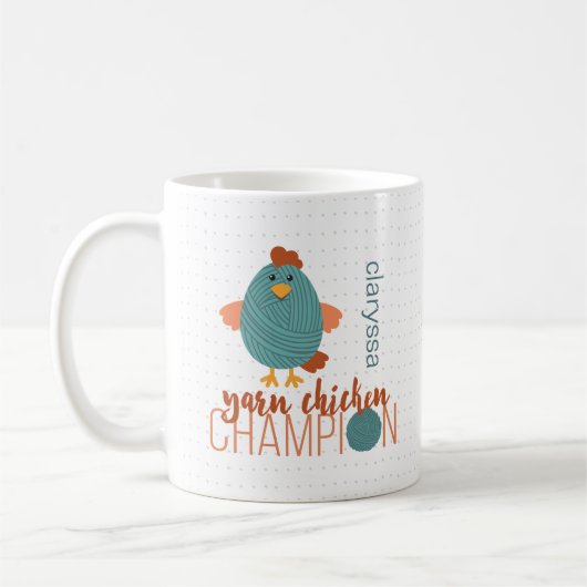 Mok blauwgroen en roestyarn Chicken Champion Coffe (Links)