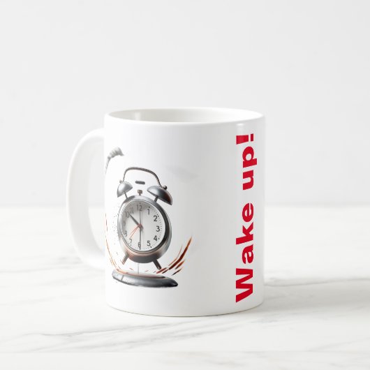 Mok met bellende wekker en schattig kind (Voorkant links)