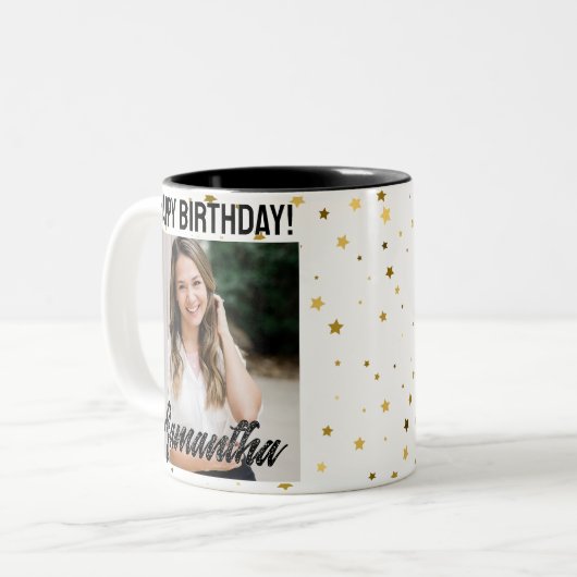 Mok met eigen foto gelukkige verjaardag voor haar (Voorkant links)