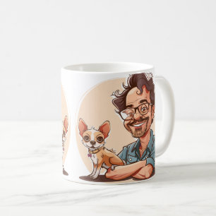 Mok met man met baard en Chihuahua-cartoon
