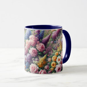 Mok met zachte paarse, roze en gele bloemen