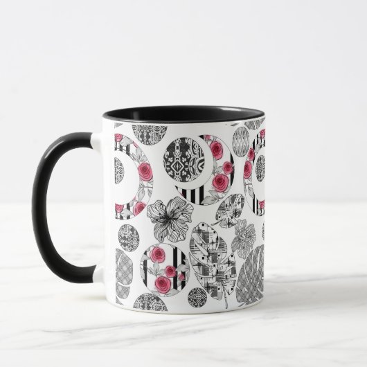 Mok, rood en zwart, kantelen, patchwork, bijtend mok (Links)